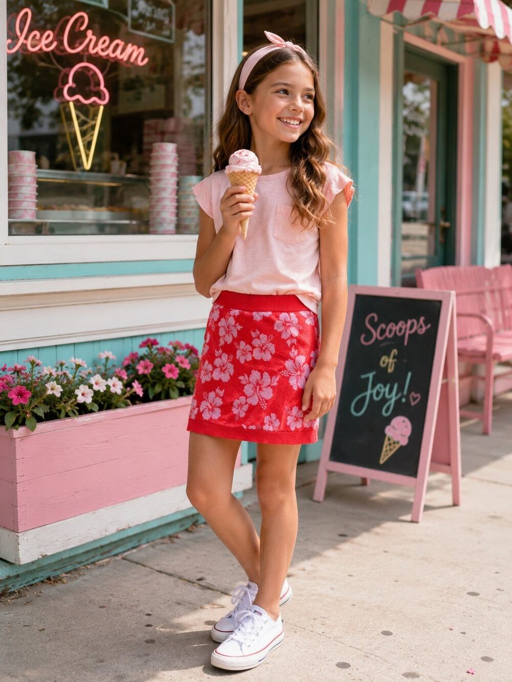 Art Class Girls Floral Knit Skirt Size S 6 6X Red Pink